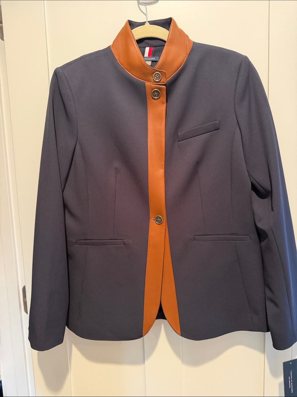Tommy Hilfiger Navy Blazer with Cognac Trim Stand Collar